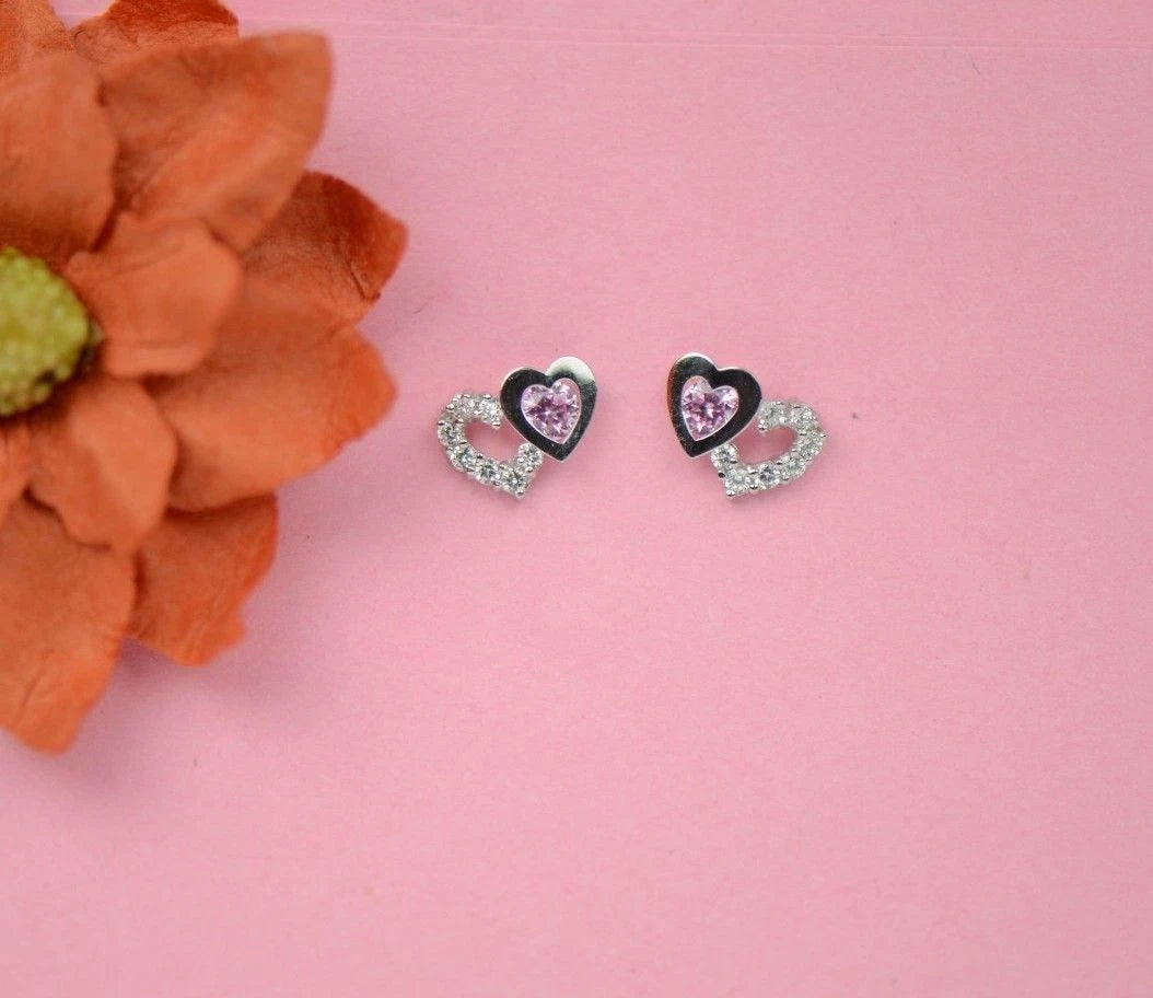 14K White Gold Double Heart Earrings