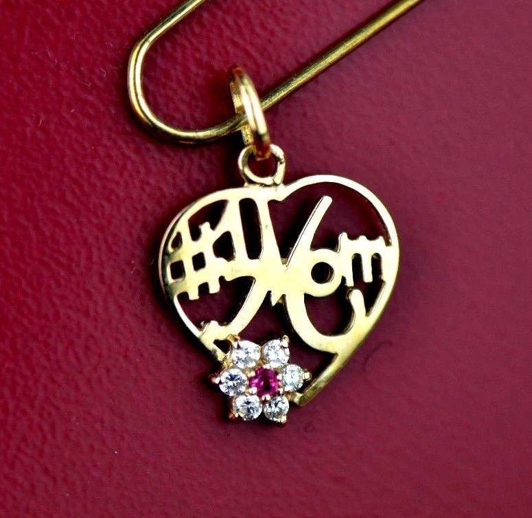 14k Yellow Gold Mom Heart CZ Pendant