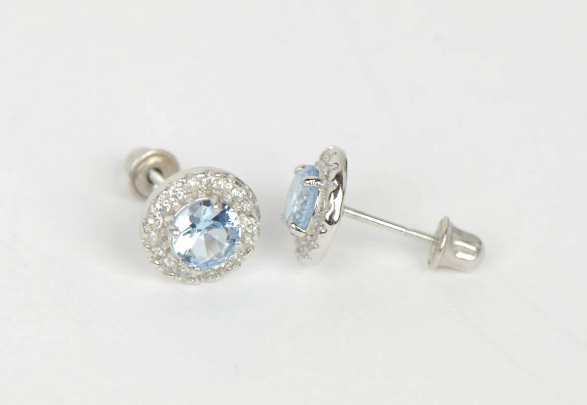 14K Solid White Gold Halo Stud CZ Screw Back Earrings