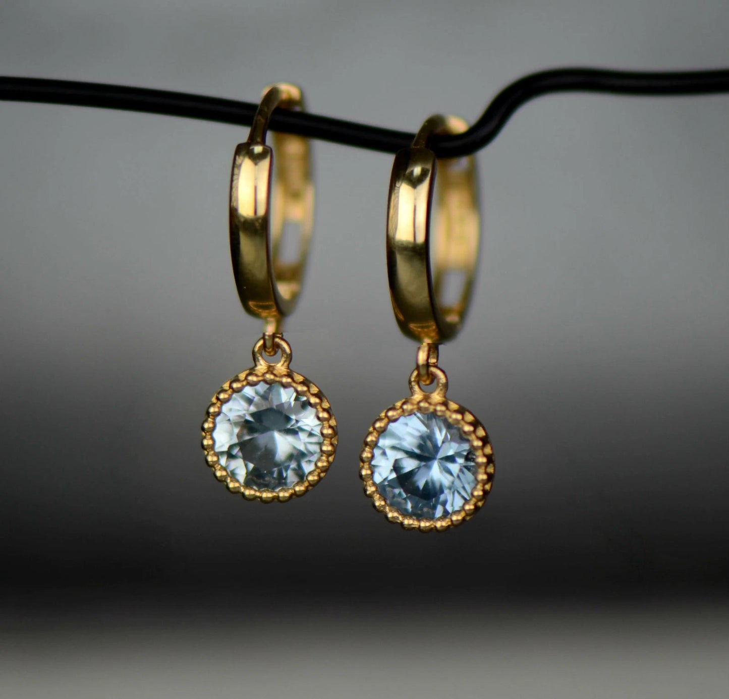 14k Yellow Gold Dangle Round Birthstone Huggie Earrings