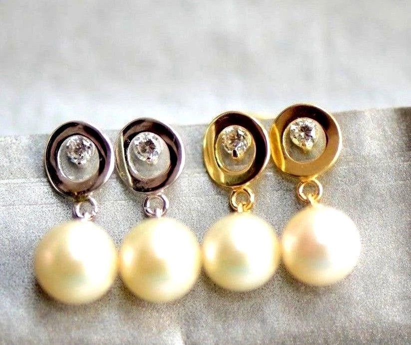 14K Yellow and White Gold Genuine Pearl CZ Stud Earring