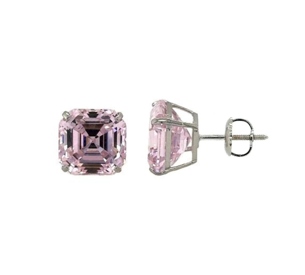 14K White Gold Asscher Cut Stud Earrings Screw Back
