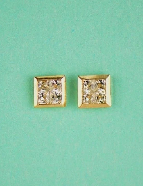 14K Yellow or White Gold Fancy Square CZ Stud Earring