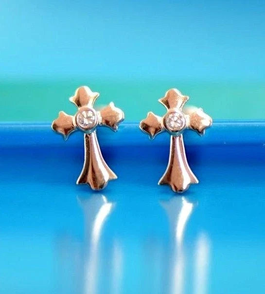 14K White Yellow Gold Cross CZ Earrings