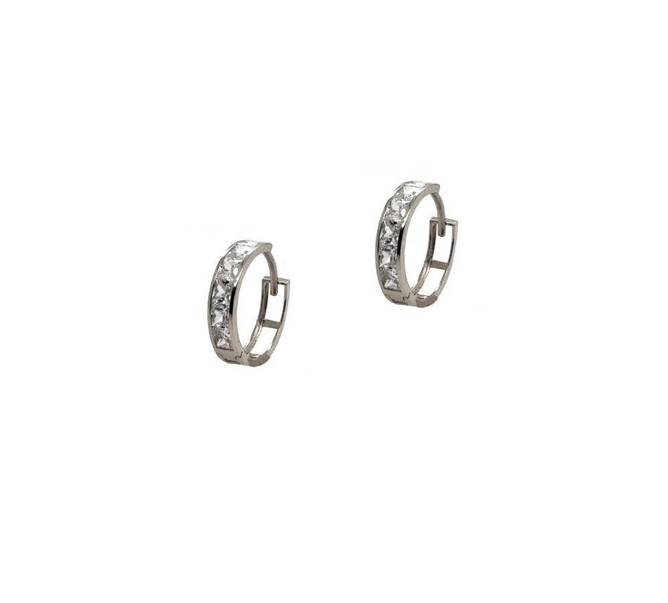 14K White Gold Princess Cut Huggie Hoop Earrings