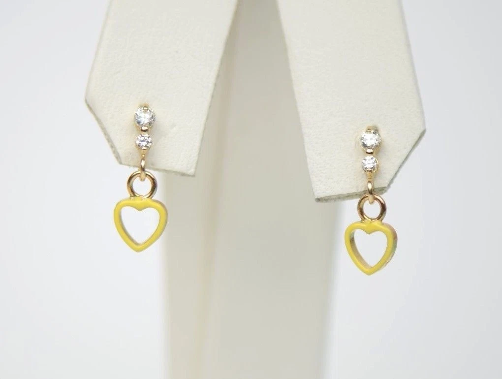 14K Solid Yellow Gold Heart Shape Dangle Earring with Enamel