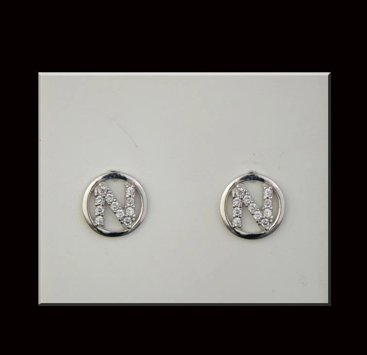 14k Yellow or White Gold Round Initial Letters CZ Stud Earrings