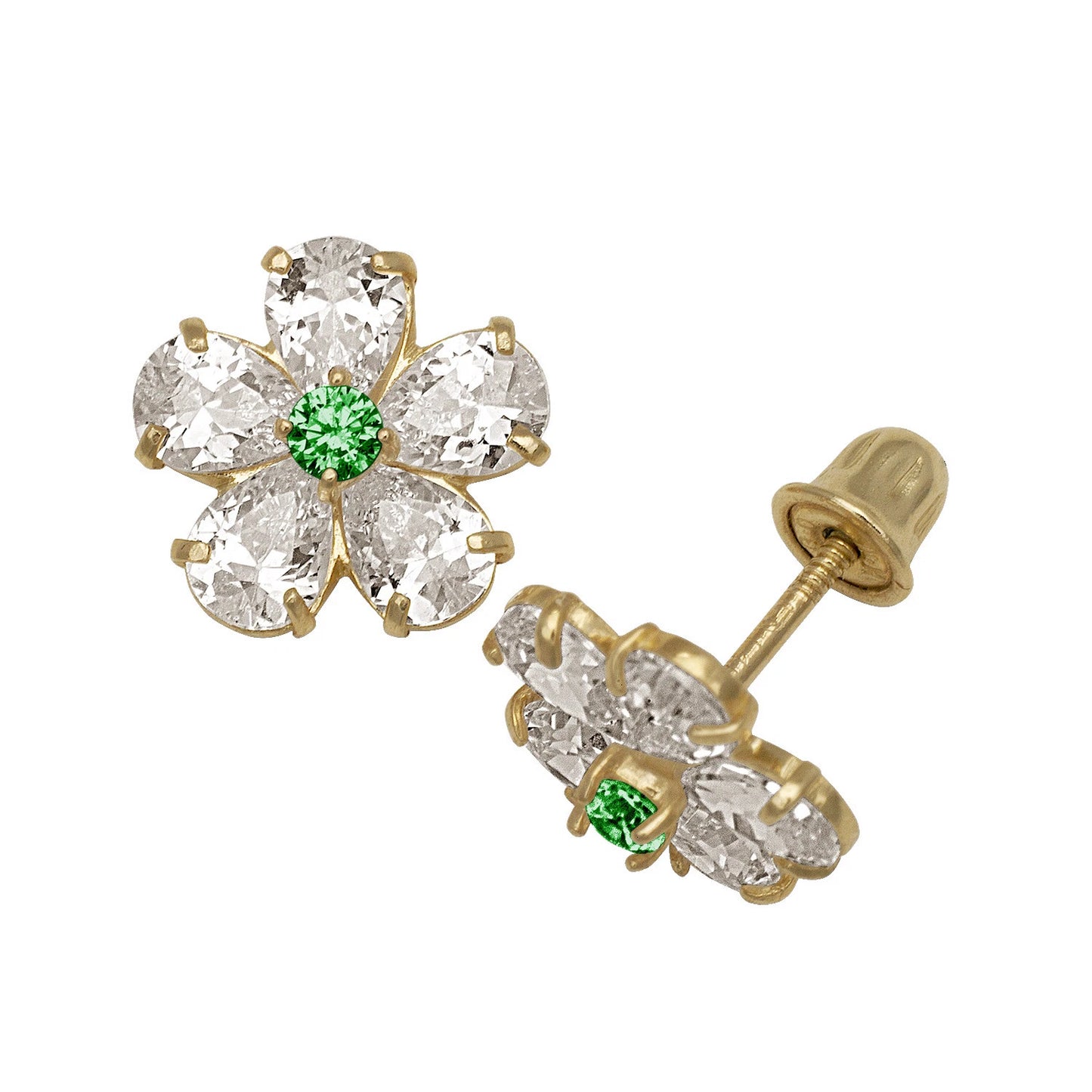 14k Yellow & White Gold CZ Flower Birthstone Stud Screw Back Earrings for Women