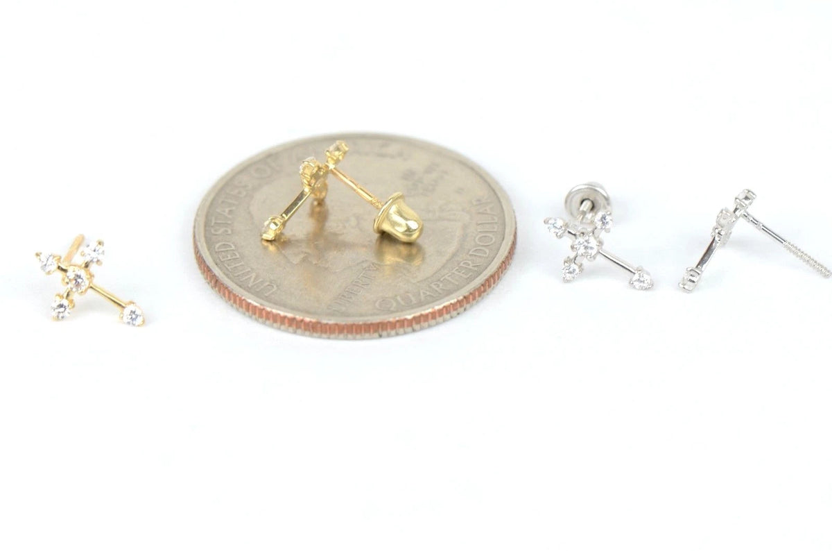 14K Yellow White Gold Cubic Zirconia CZ Cross Earrings