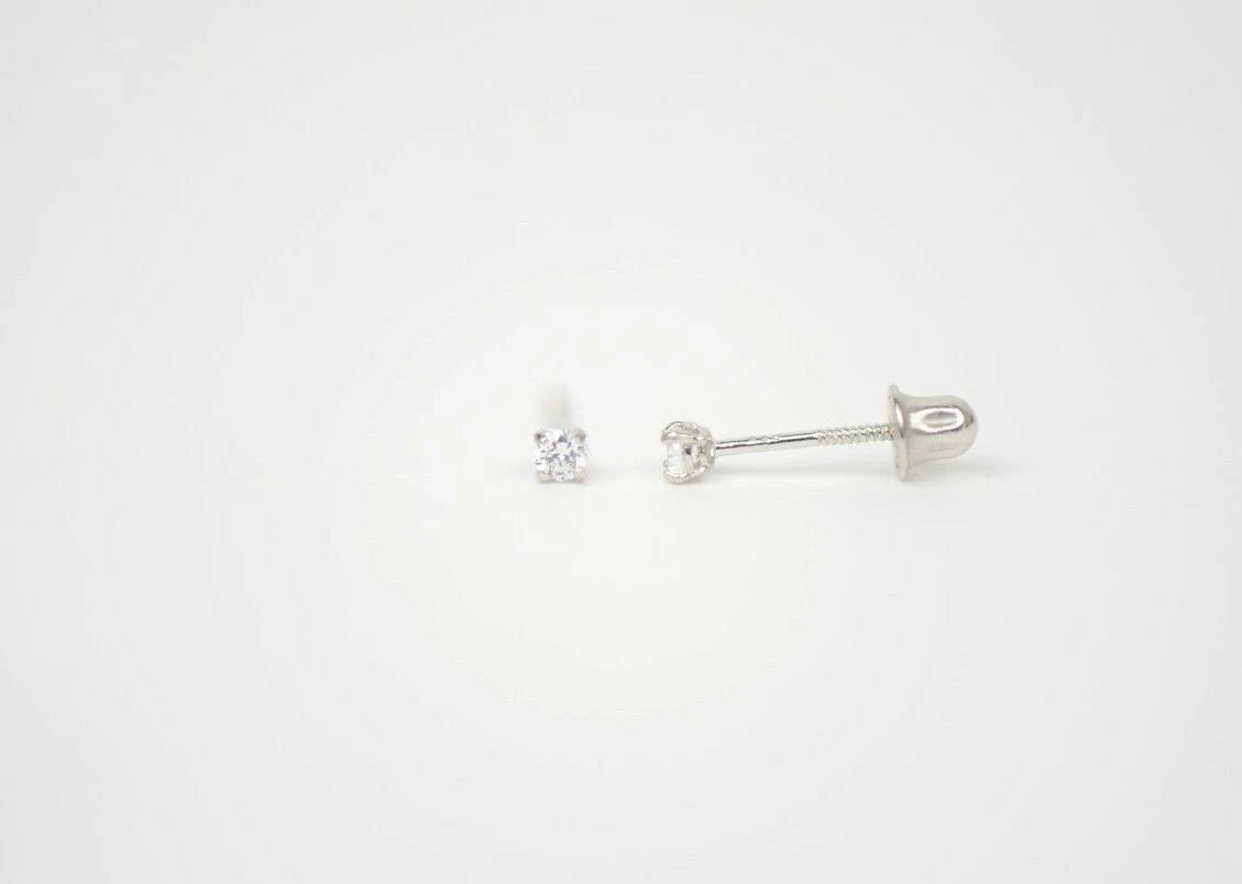 CZ Stud Earring Round cut in 14k white gold Screw back