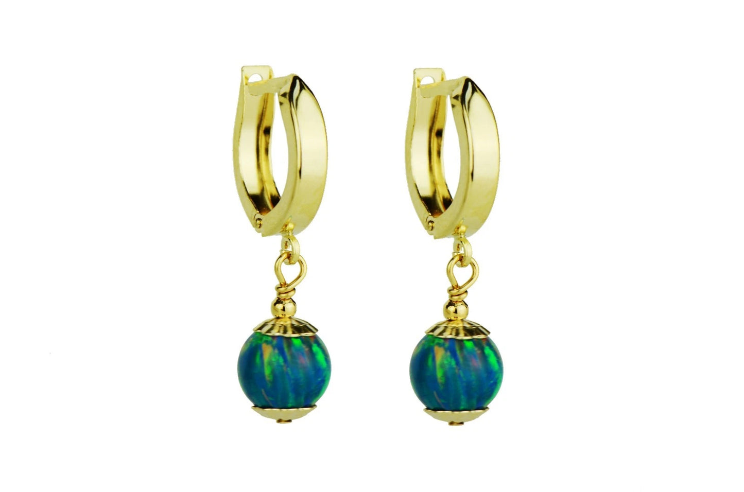 14k Yellow Gold Opal Huggie Snap Closure Dangle Earrings