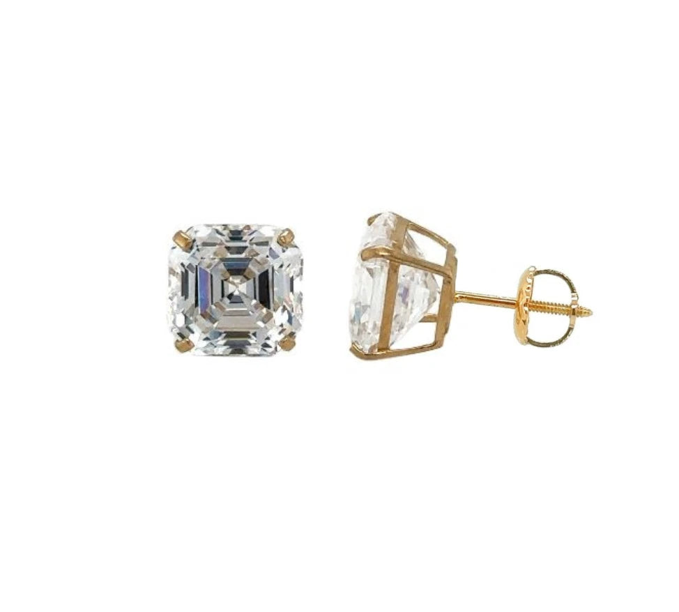14K Yellow Gold Asscher Cut Stud Earrings Screw Back