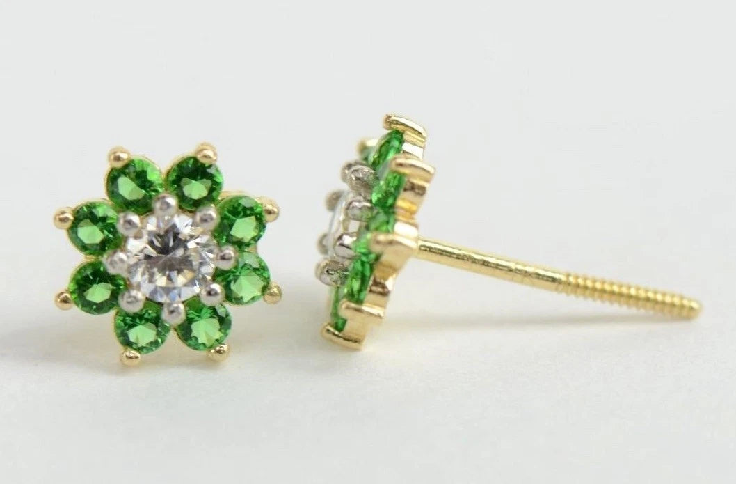 14k Yellow Gold Flower Stud Earrings with  Birthstone Screw Back