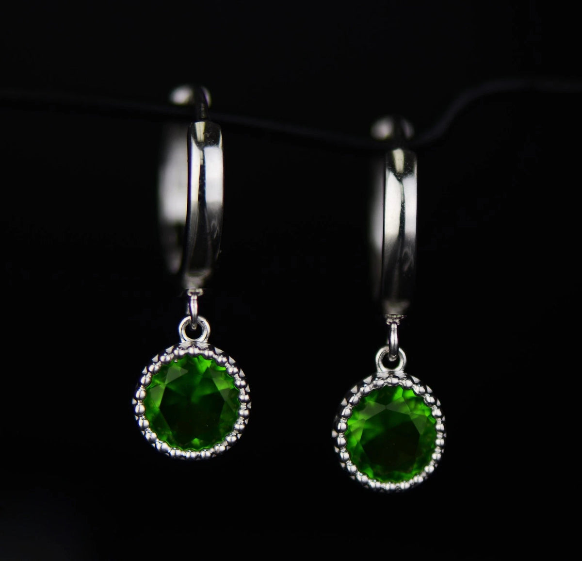 14k White Gold Dangle Round Birthstone Huggie Earrings