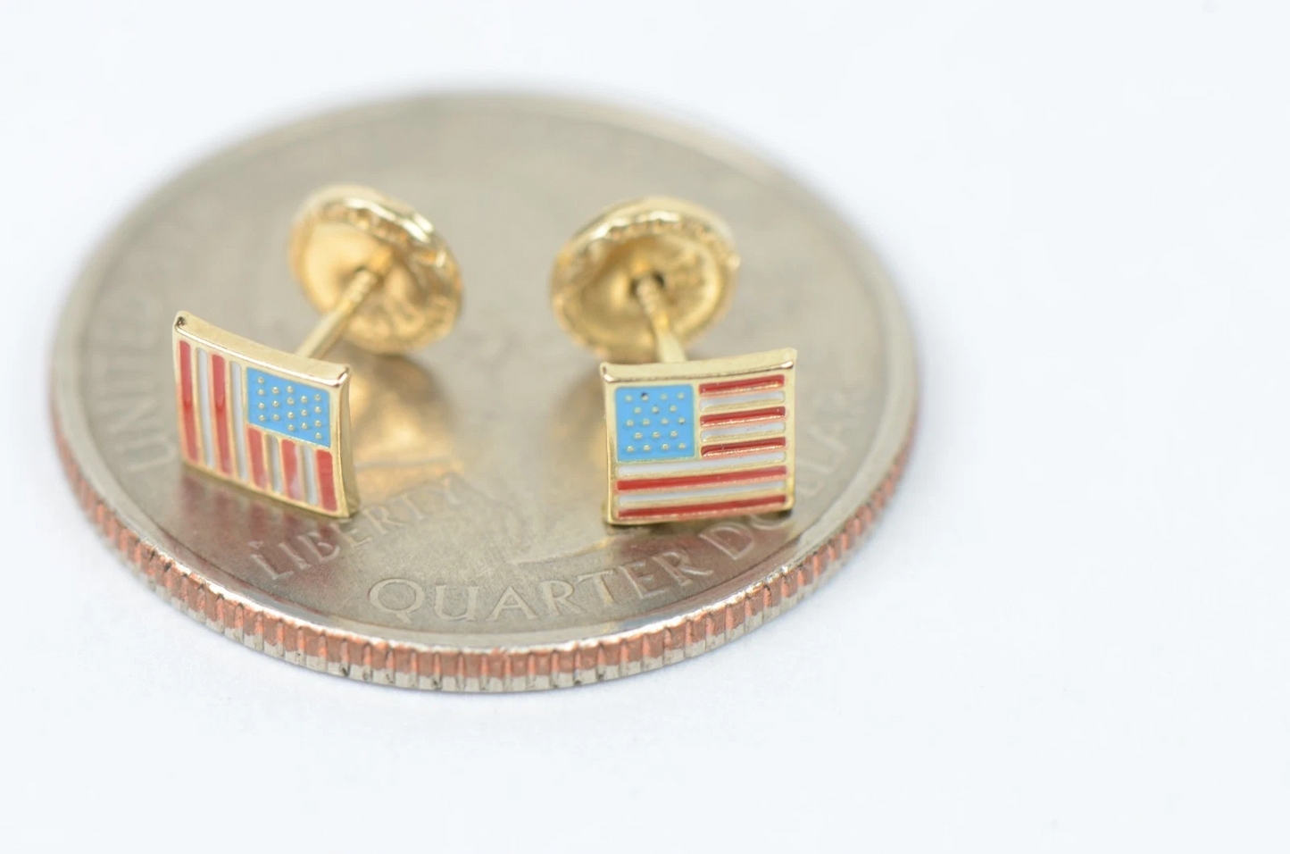 14K Yellow Gold American Flag Stud Earrings with Enamel