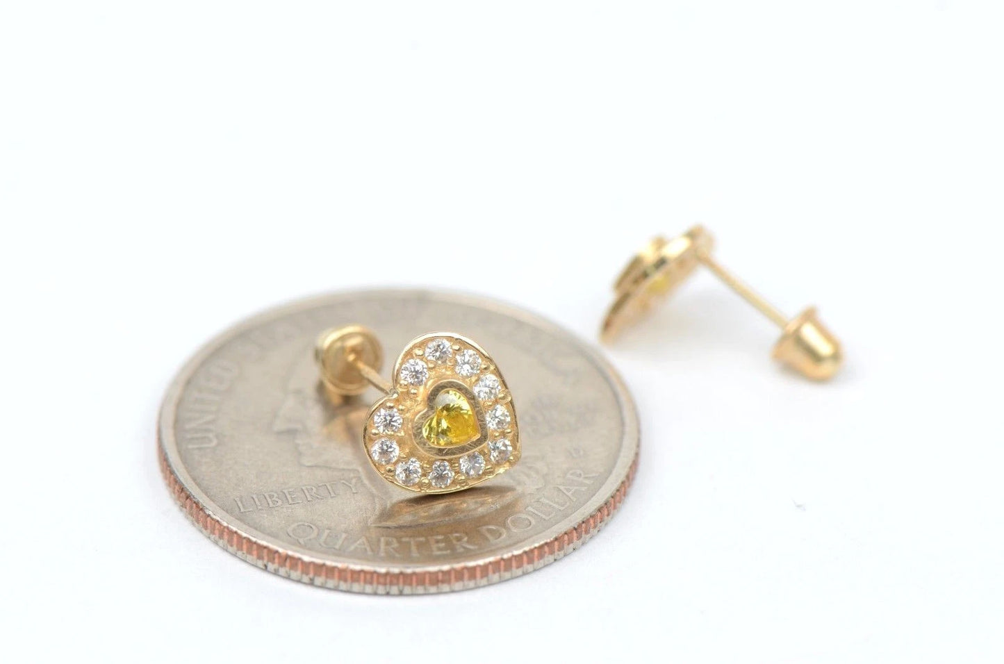 14K Yellow Gold Birthstone Heart with CZ Stud Earrings Screw Back