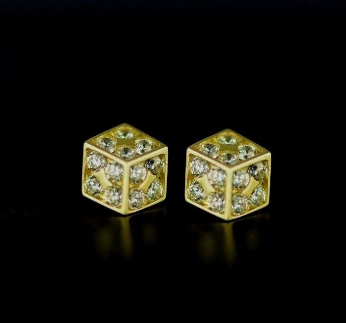 14K Yellow or White Gold Dice Stud Earrings Screw Back