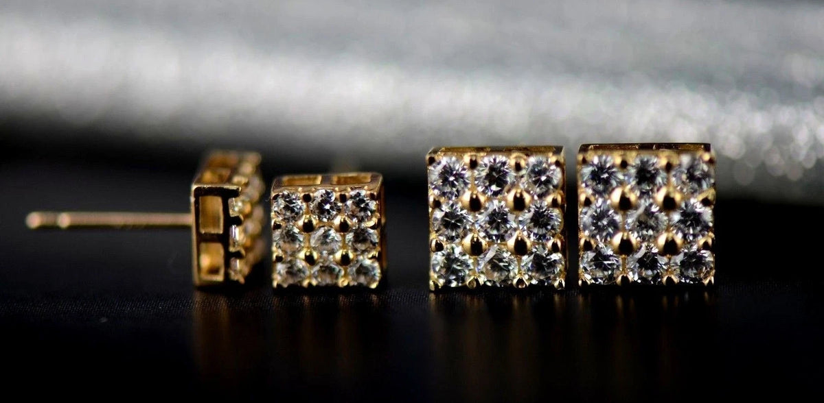 14K Yellow or White Gold Fancy Square Design CZ Stud Earrings