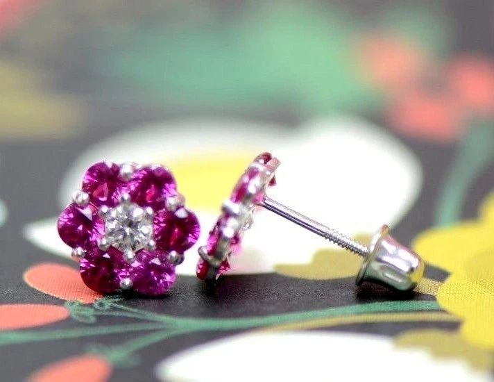 14k White Gold Flower Stud Earrings with Screw Back