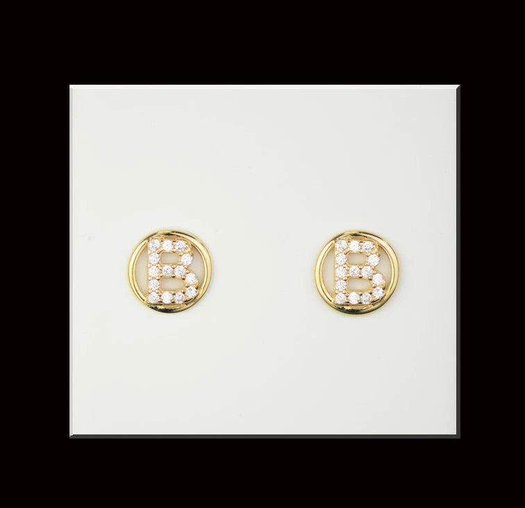 14k Yellow or White Gold Round Initial Letters CZ Stud Earrings