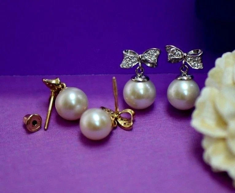 14k yellow white gold bow tie pearl cz stud earring freshwater
