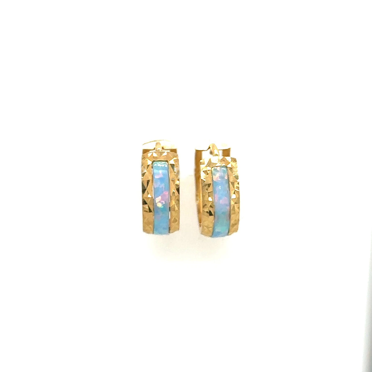 14k Yellow Gold Light Blue Opal Huggie Hoop Earrings