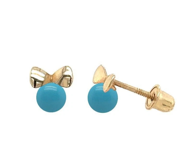 14k Yellow Gold Bow Tie Turquoise Stud Earrings/ Screw Back