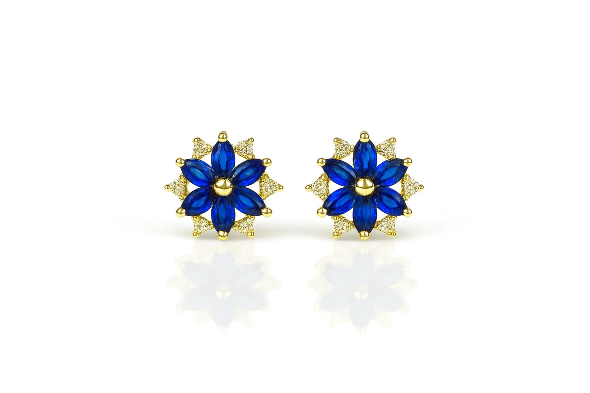 14K Yellow Gold Beautiful CZ Flower Stud Earrings for Women