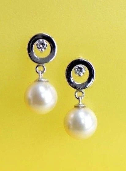 14K Yellow and White Gold Genuine Pearl CZ Stud Earring