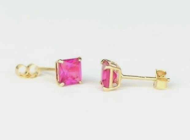 14k Yellow Gold Solid Square Princess Cut Birthstone 4MM CZ Stud Earrings