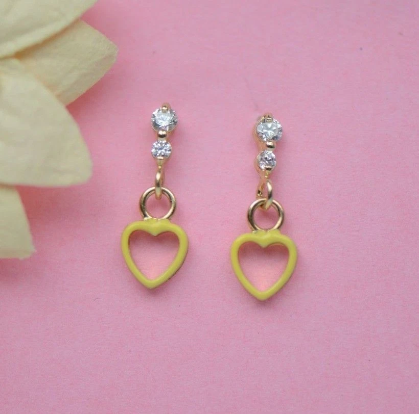 14K Solid Yellow Gold Heart Shape Dangle Earring with Enamel