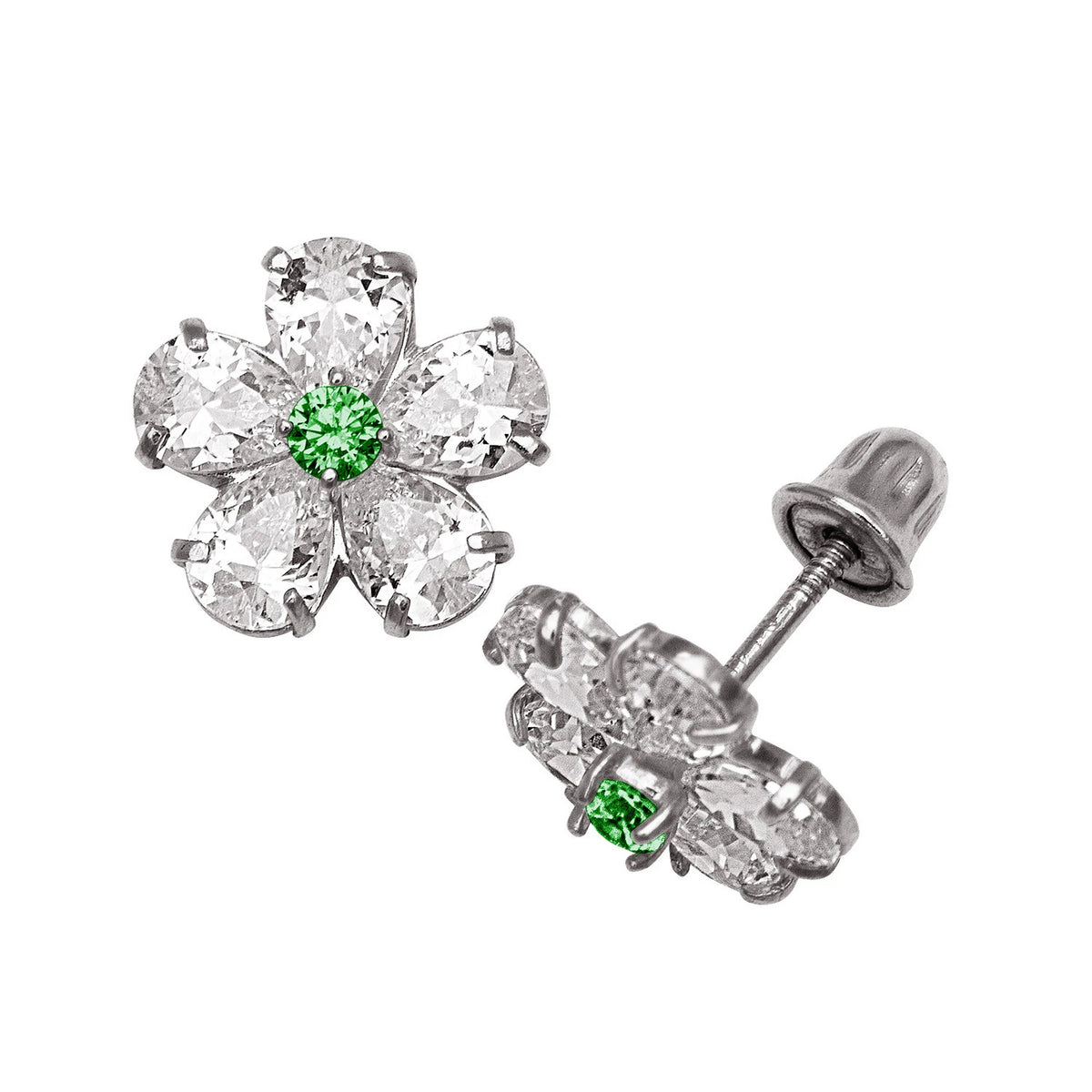14k Yellow & White Gold CZ Flower Birthstone Stud Screw Back Earrings for Women