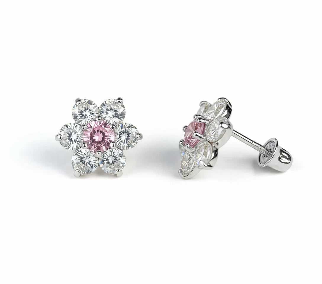 14k White Gold Beautiful Flower Shaped Stud Screw Back Earrings for Women