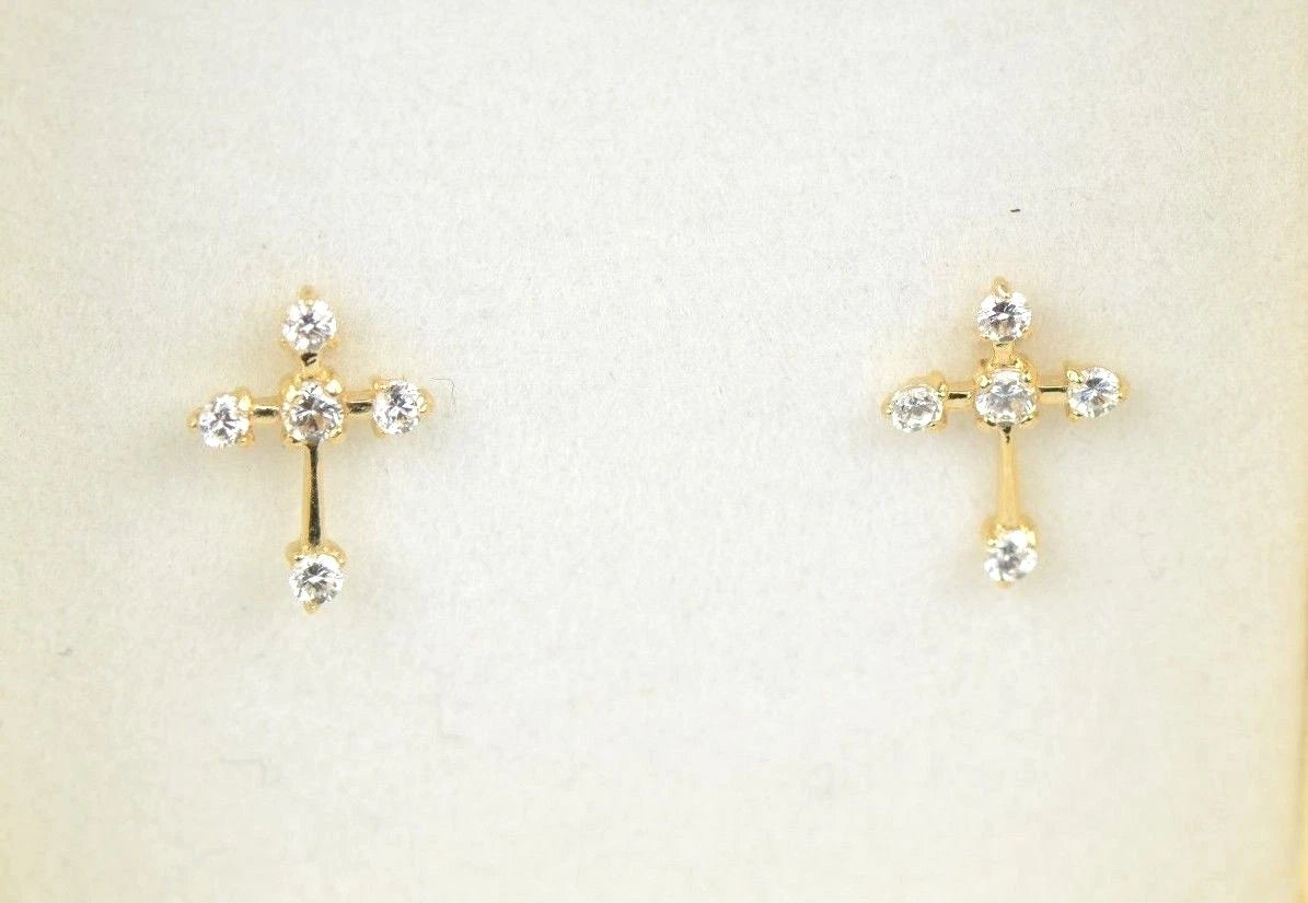 14K Yellow White Gold Cubic Zirconia CZ Cross Earrings