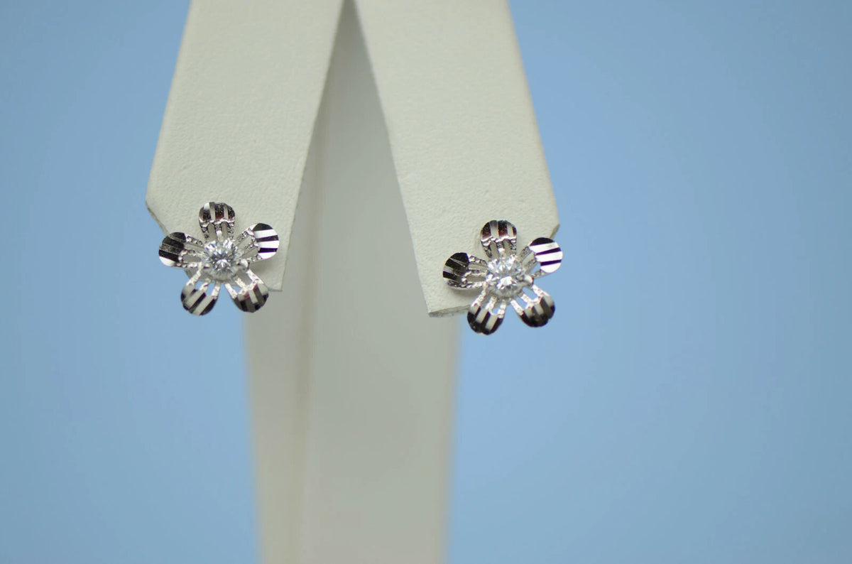 14k White Gold Flower Stud CZ Earrings