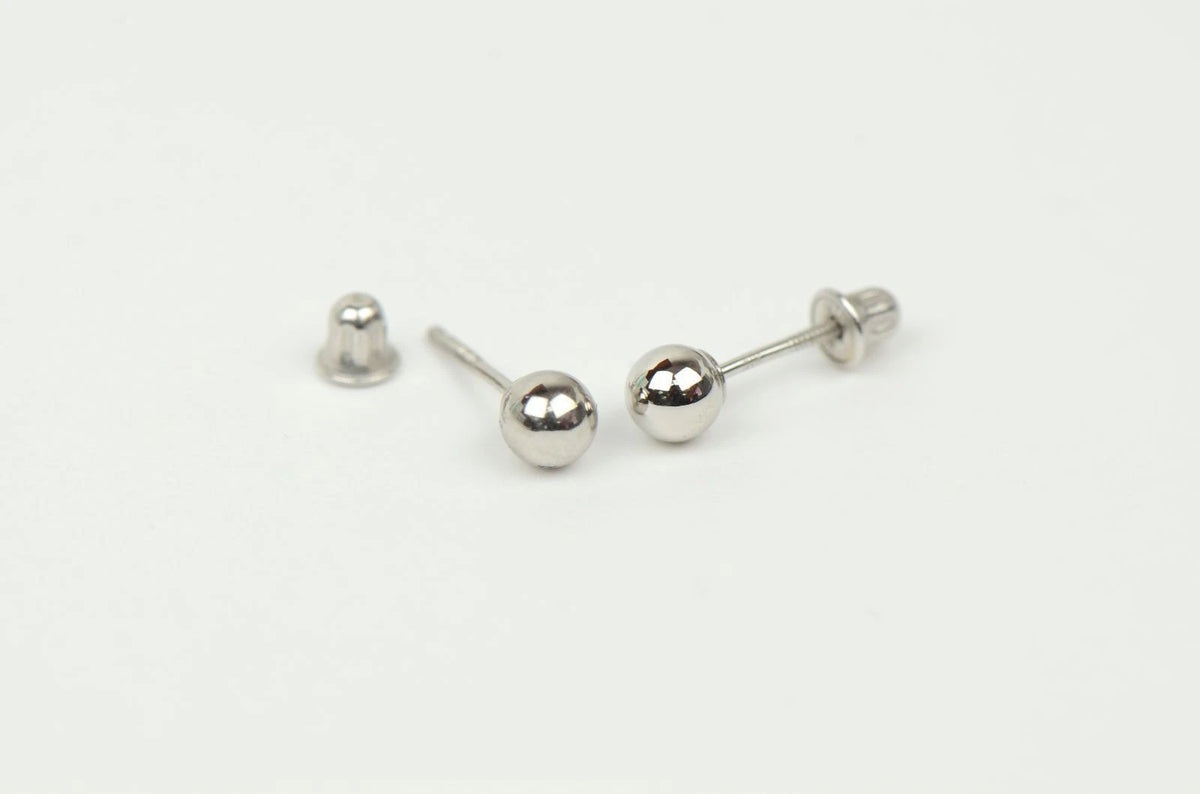 14k White Gold Ball stud earrings with screw back round High Polish