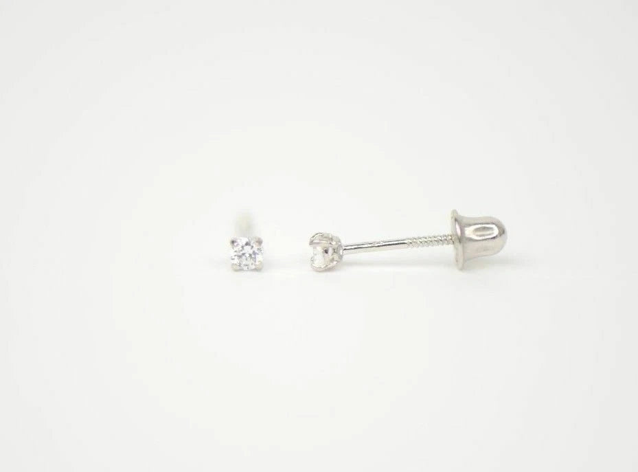 CZ Stud Earring Round cut in 14k white gold Screw back