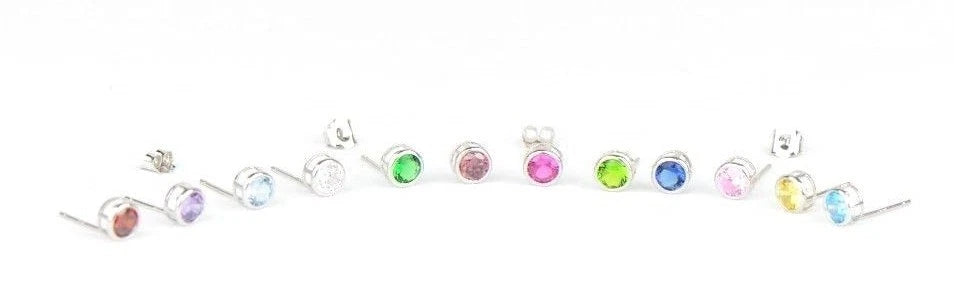 14K Round Bezel 4mm Set White Gold Birthstone Earrings