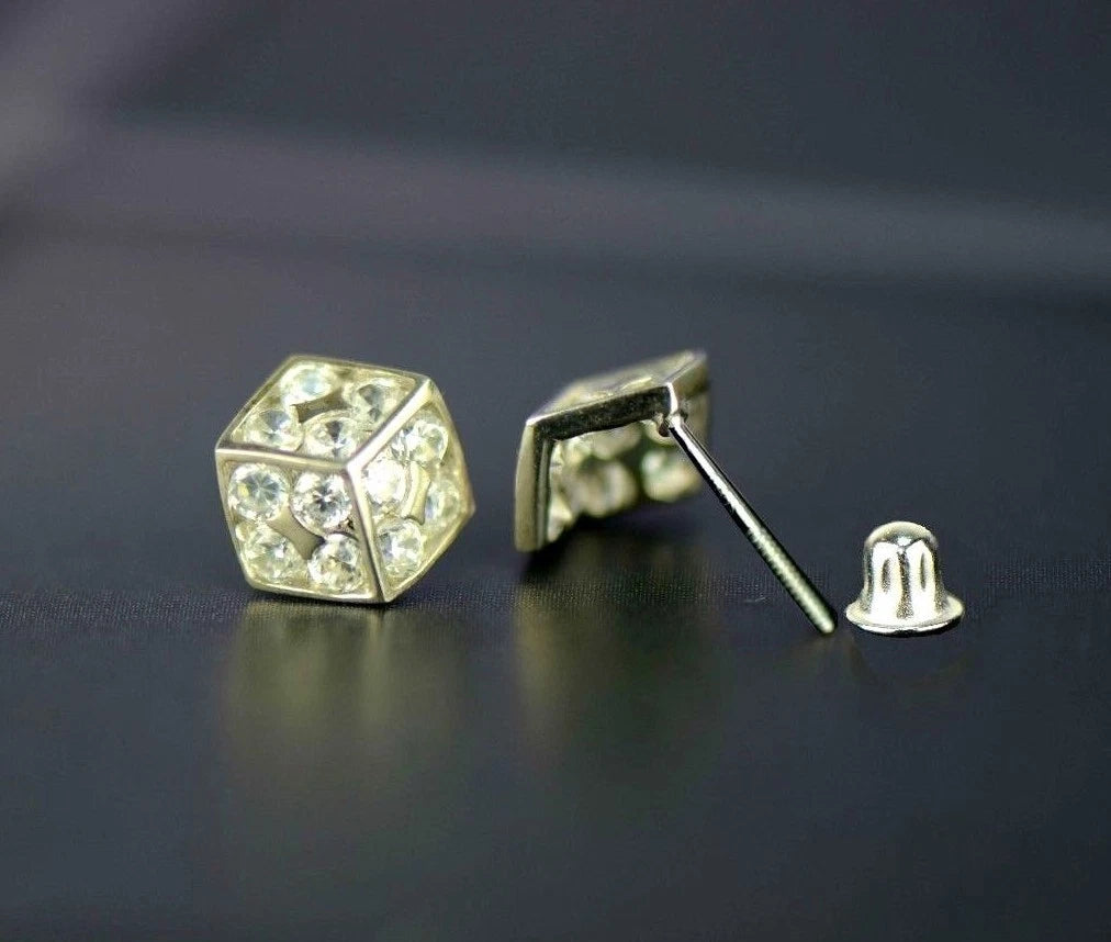 14K Yellow or White Gold Dice Stud Earrings Screw Back