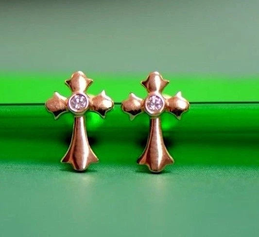 14K White Yellow Gold Cross CZ Earrings