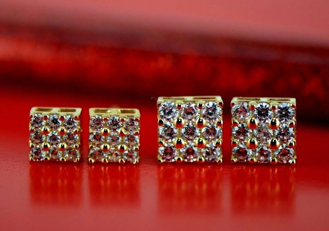 14K Yellow or White Gold Fancy Square Design CZ Stud Earrings