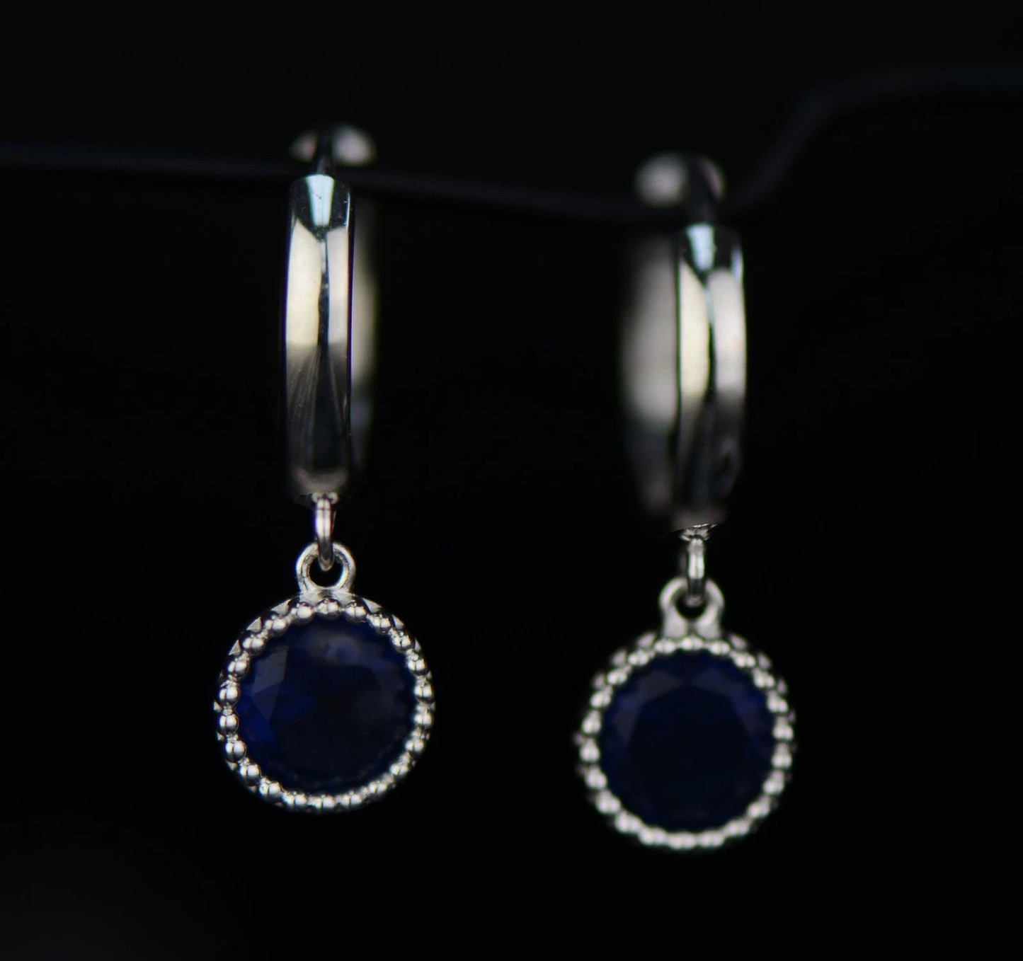 14k White Gold Dangle Round Birthstone Huggie Earrings