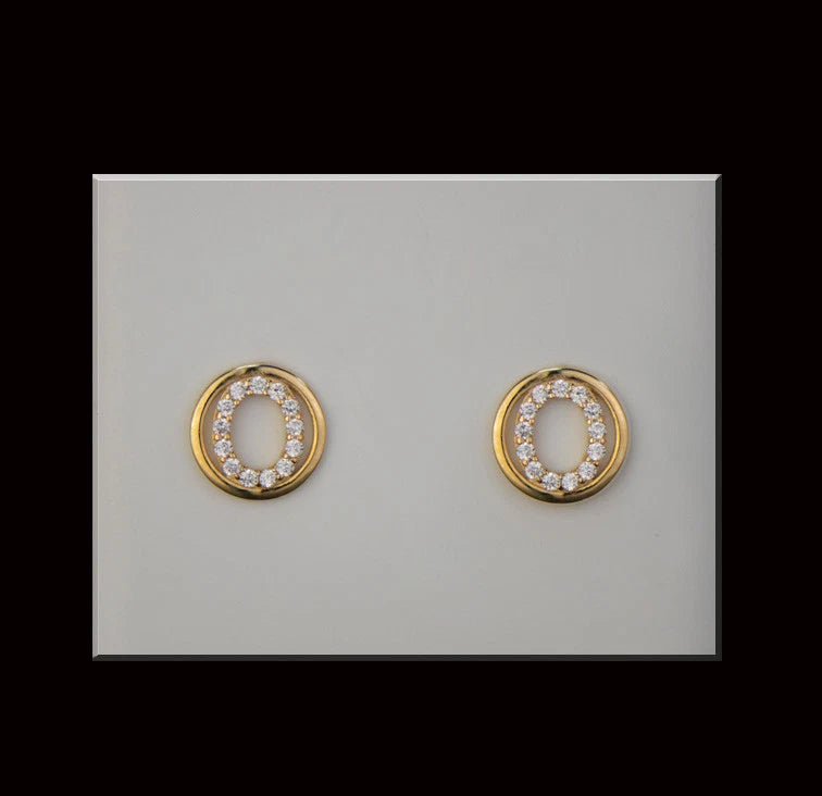 14k Yellow or White Gold Round Initial Letters CZ Stud Earrings