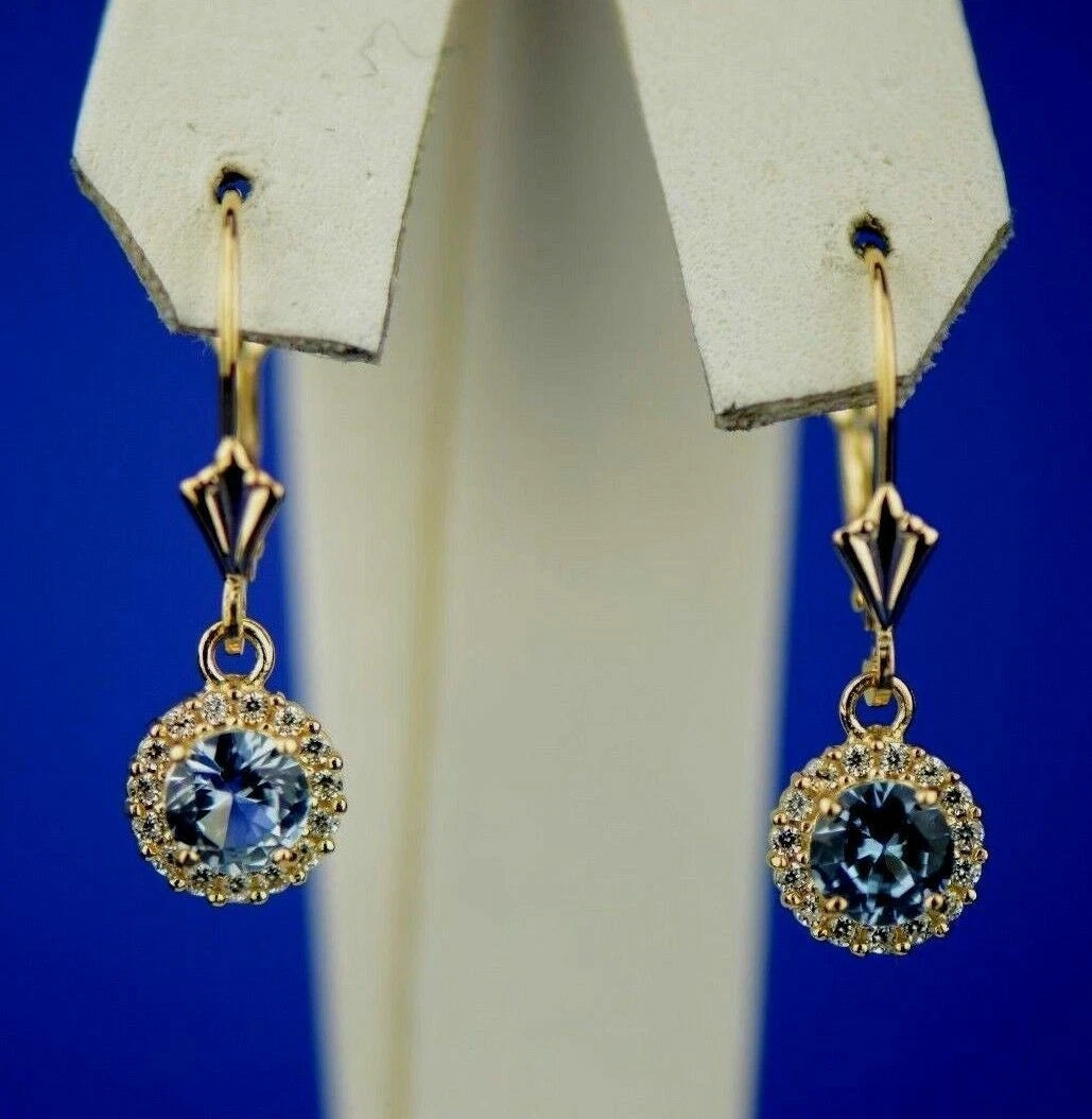 14k Yellow Gold Halo Dangle Round Leverback Pierced Earrings Birthstone