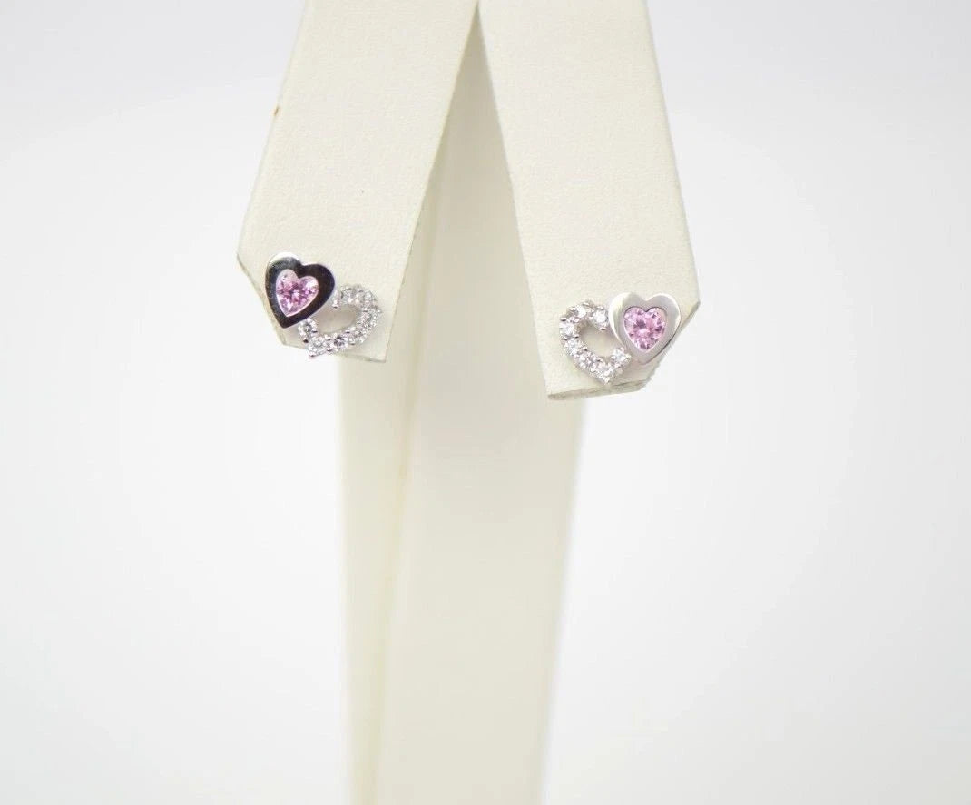 14K White Gold Double Heart Earrings