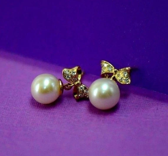14k yellow white gold bow tie pearl cz stud earring freshwater