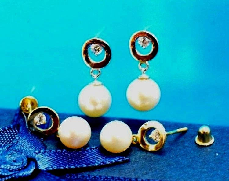 14K Yellow and White Gold Genuine Pearl CZ Stud Earring