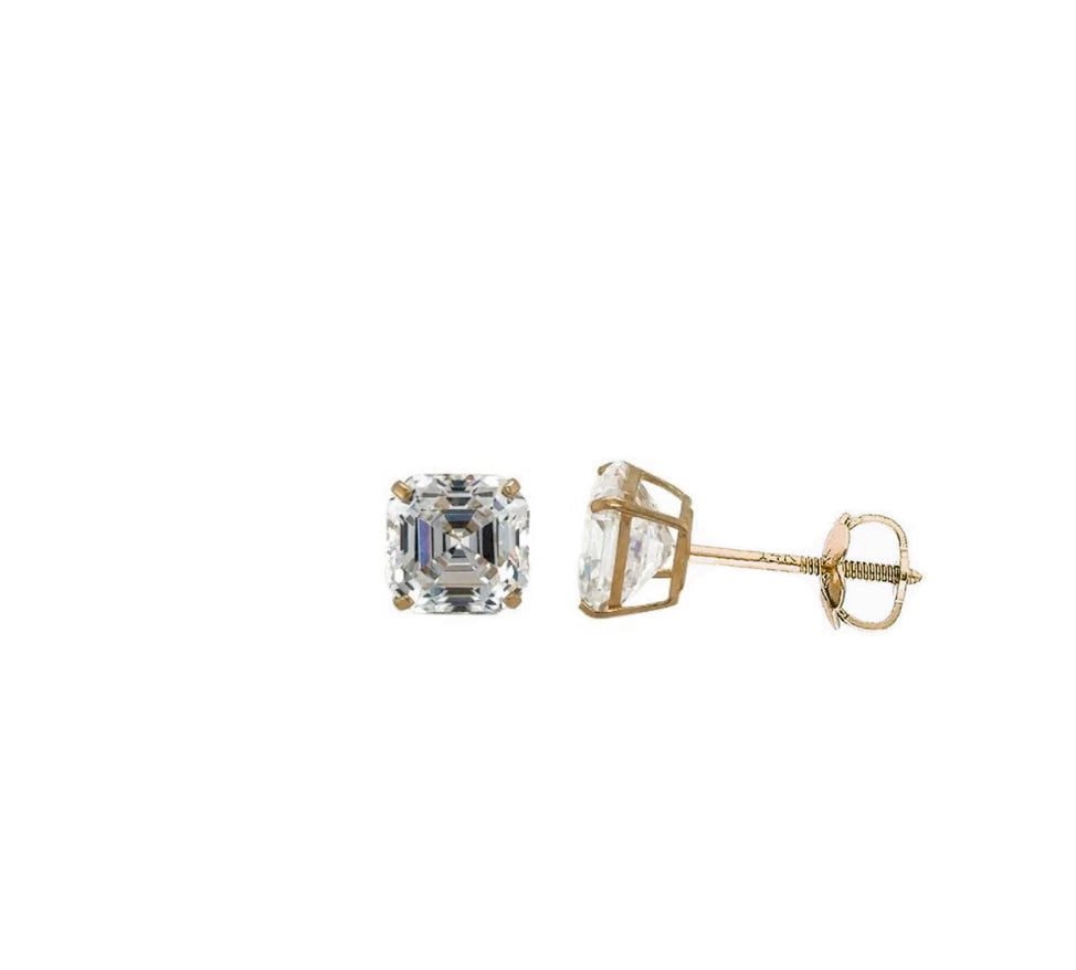 14K Yellow Gold Asscher Cut Stud Earrings Screw Back