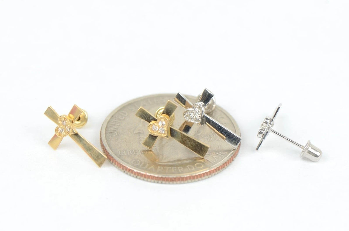 14K Yellow or White Gold Heart CZ Cross