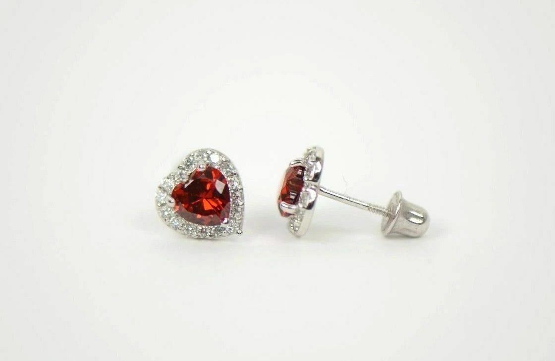 14K White Gold Halo Heart CZ Stud Earrings Screw Back